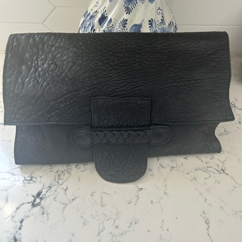 Textured Black Leather Clutch Wristlet with Braided Accent